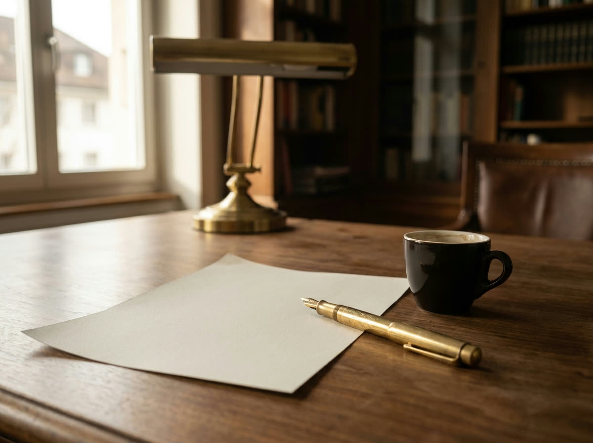 Schreibtisch im Lampenlicht: leerer Briefbogen, Messing-Füllfeder und Espressotasse
