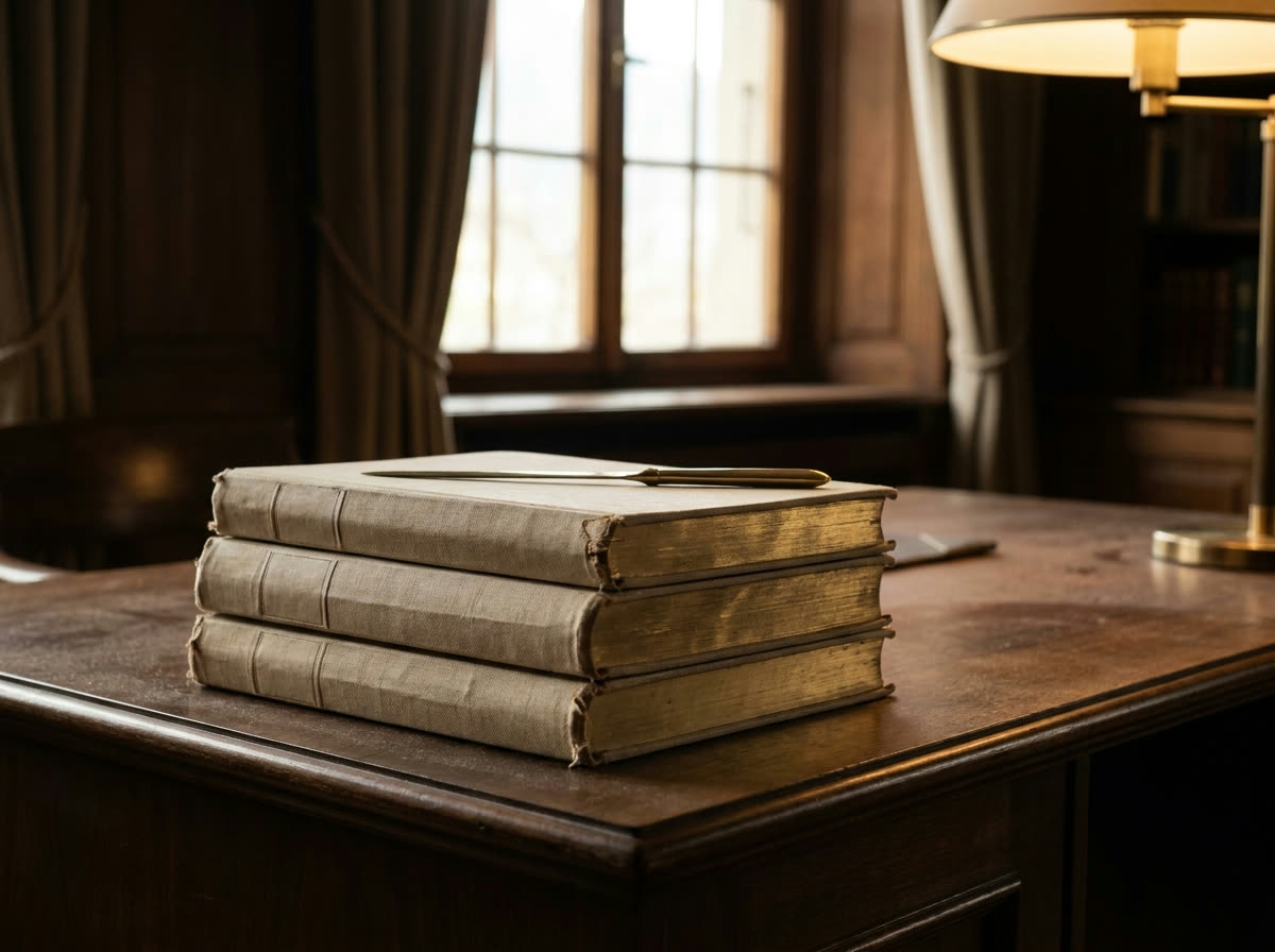 Stapel dunkler Leinenbücher mit Goldschnitt und Brieföffner aus Messing im Lampenlicht